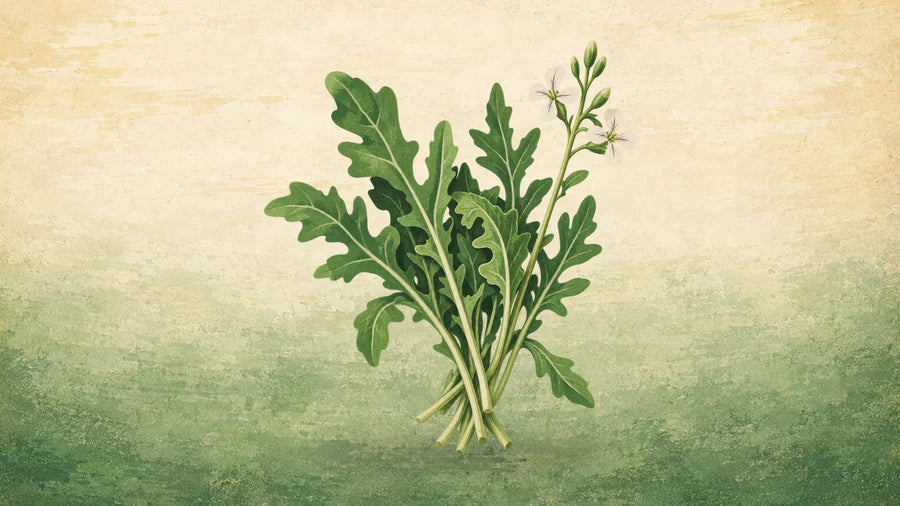 Painted loose bunch of arugula with lobed leaves on long pale stems and one slender flowering stem