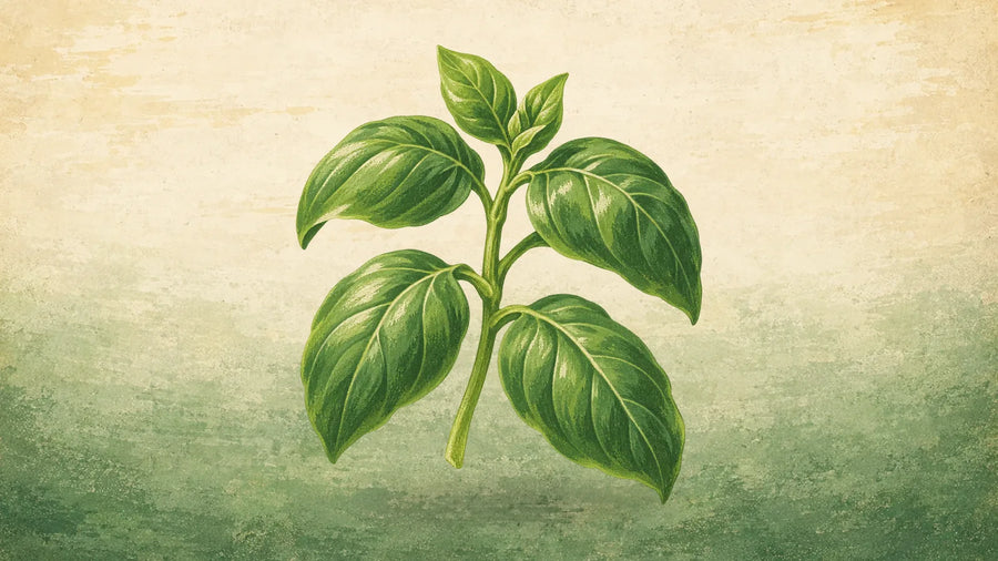 Painted sprig of sweet basil with broad, glossy green leaves in opposite pairs on a green stem