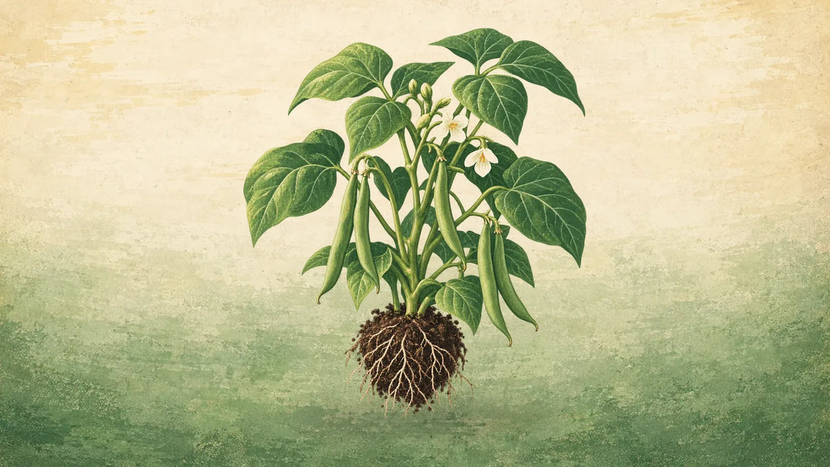 Painted young bush bean plant pulled with its root ball, slender green pods hanging among its leaves and flowers