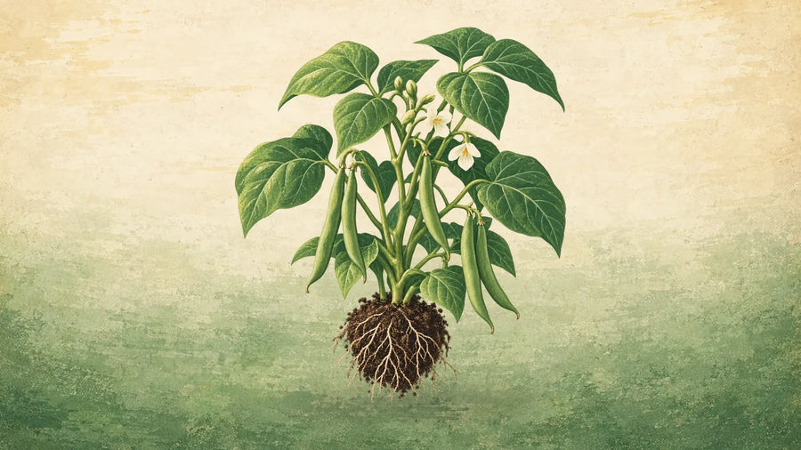 Painted young bush bean plant pulled with its root ball, slender green pods hanging among its leaves and flowers