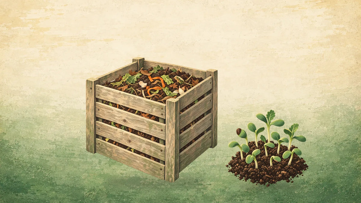 Painted wooden bin of composting kitchen scraps beside a mound of dark soil with young seedlings