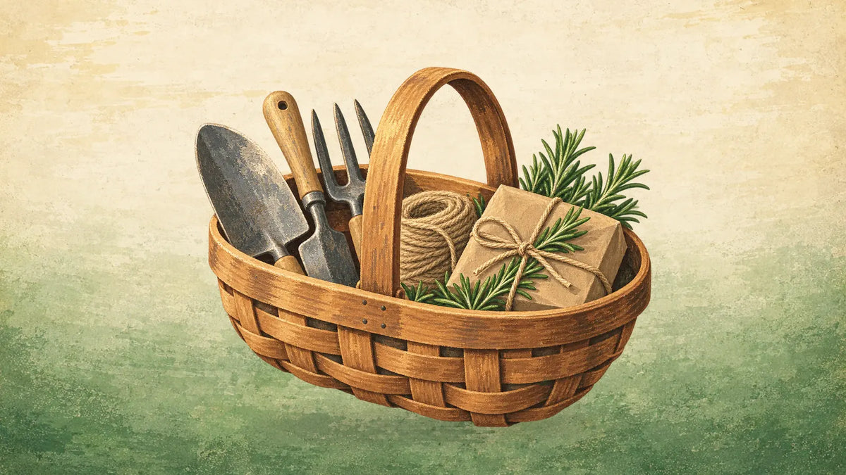 Painted woven trug basket with a hand trowel, a hand fork, jute twine and a twine-tied parcel with rosemary