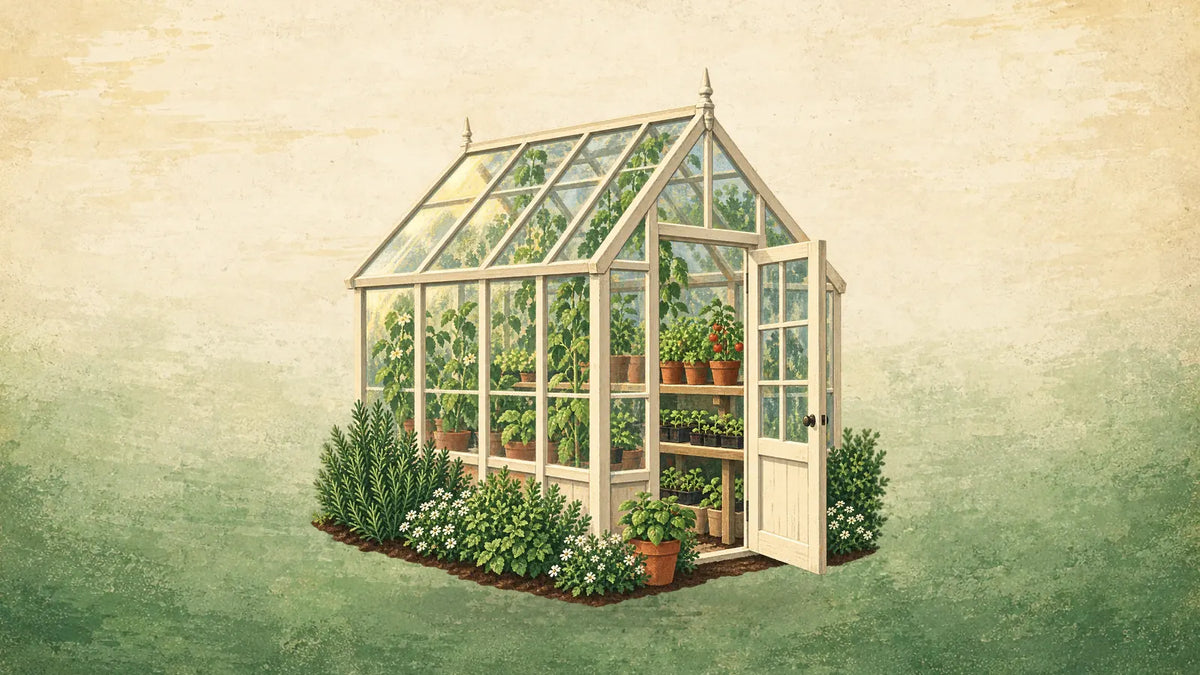 Painted small glass greenhouse with its door open and seedlings on a bench inside