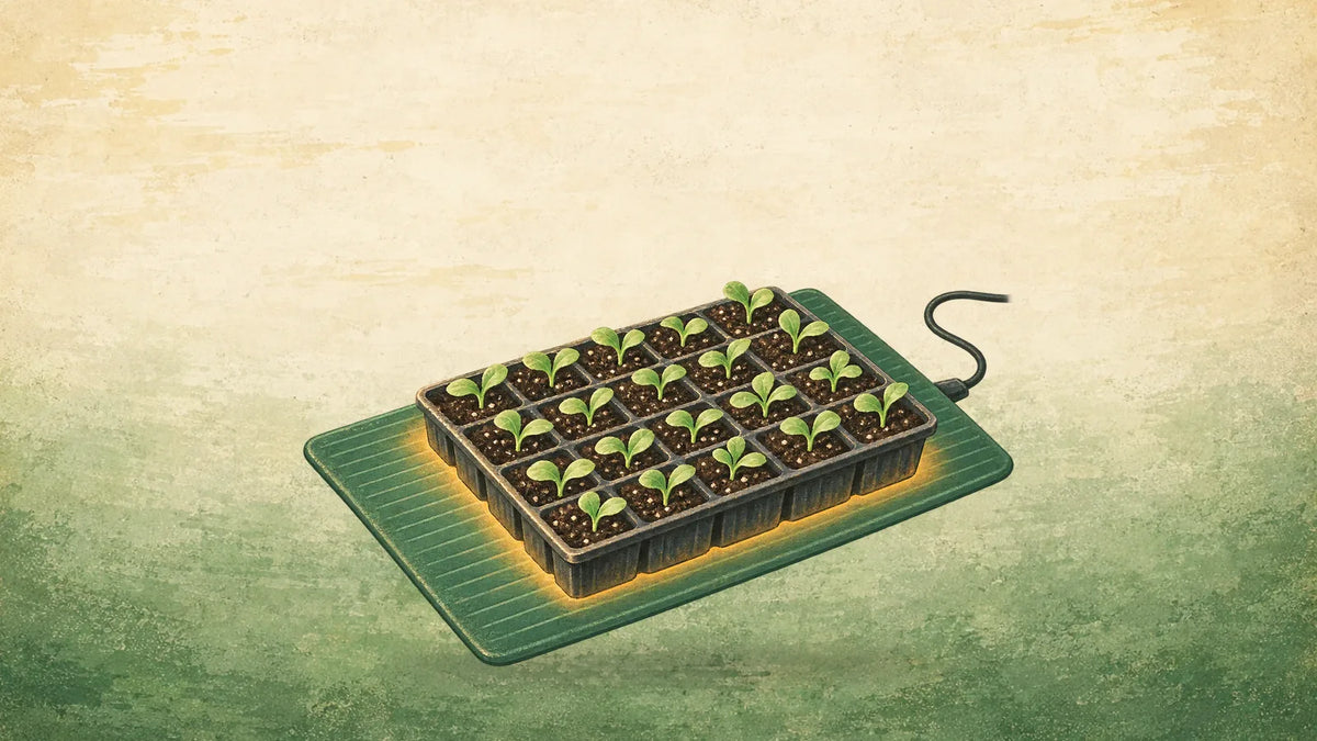 Painted green seedling heat mat with a cell tray of sprouting seedlings on it and a warm glow around the tray