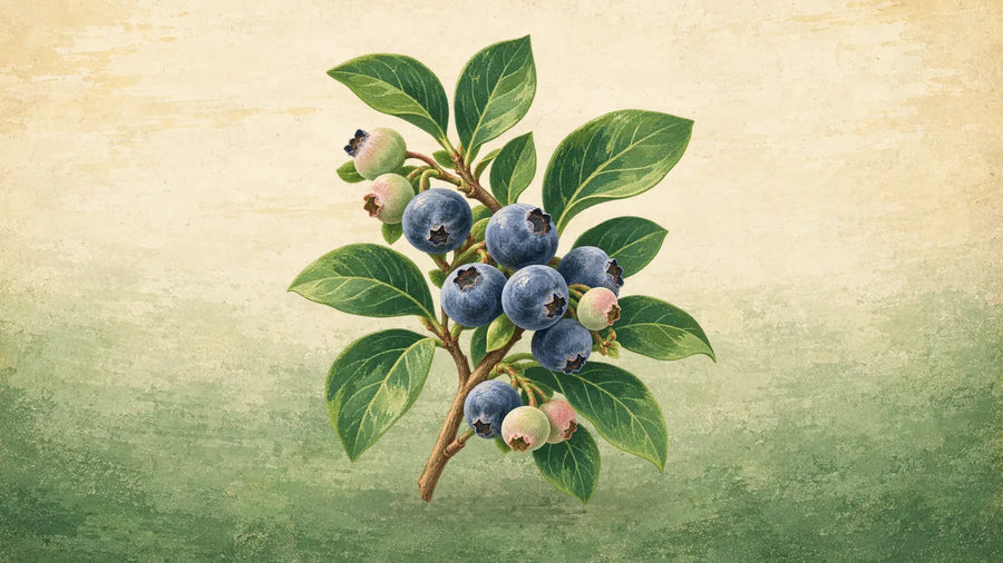 Painted blueberry sprig with clusters of ripe dusty blue berries, a few pale unripe ones and green leaves