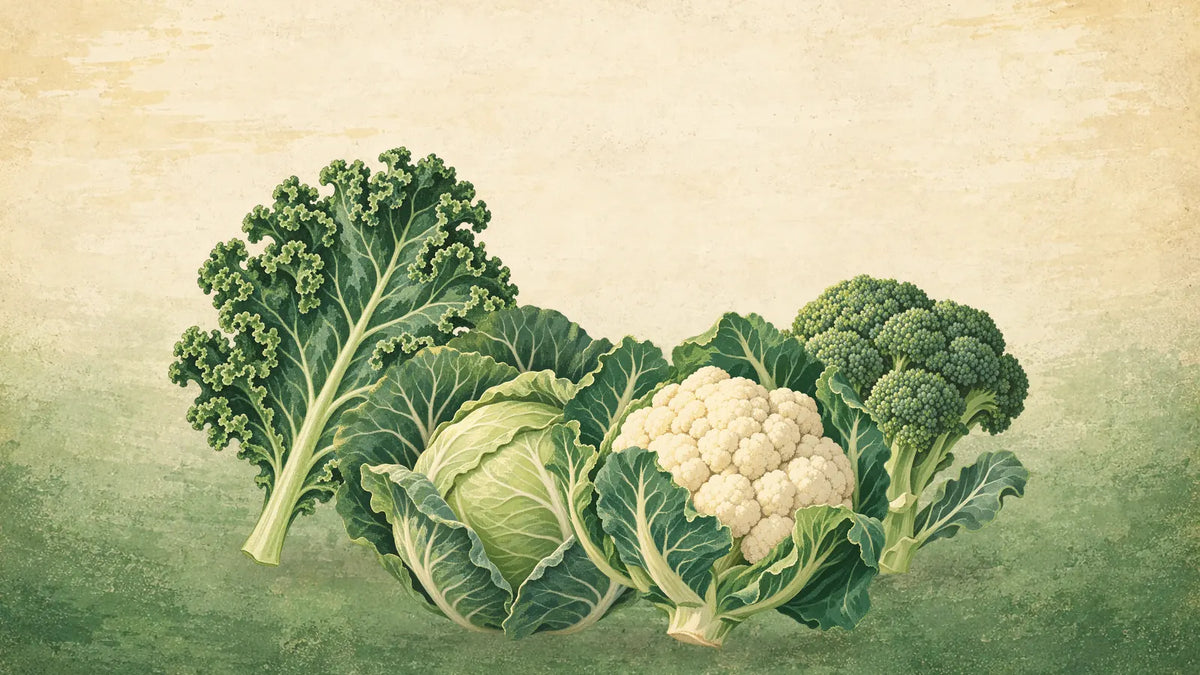 Painted cabbage family group: a curly kale leaf, a green cabbage, a cauliflower and a head of broccoli