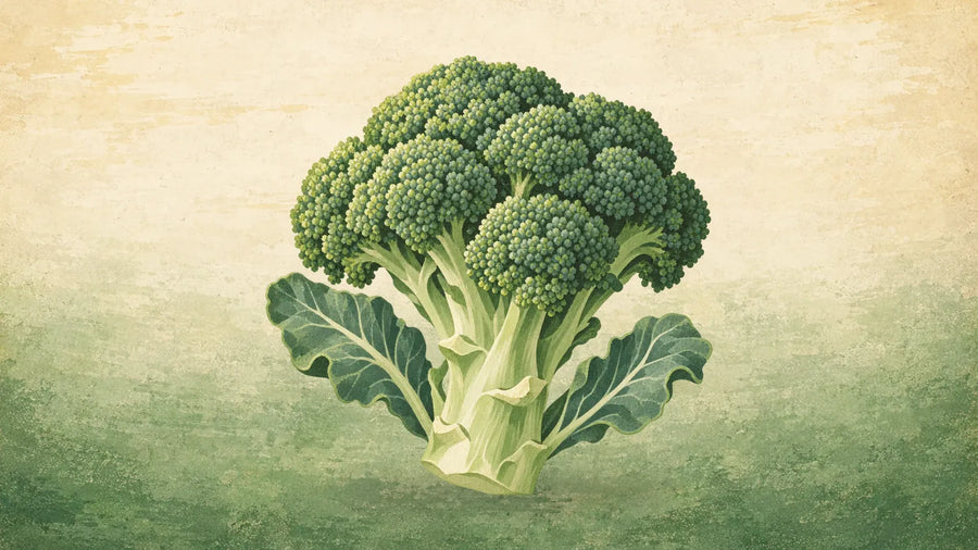 Painted head of broccoli with a dense green crown of florets on a thick stalk and blue green leaves