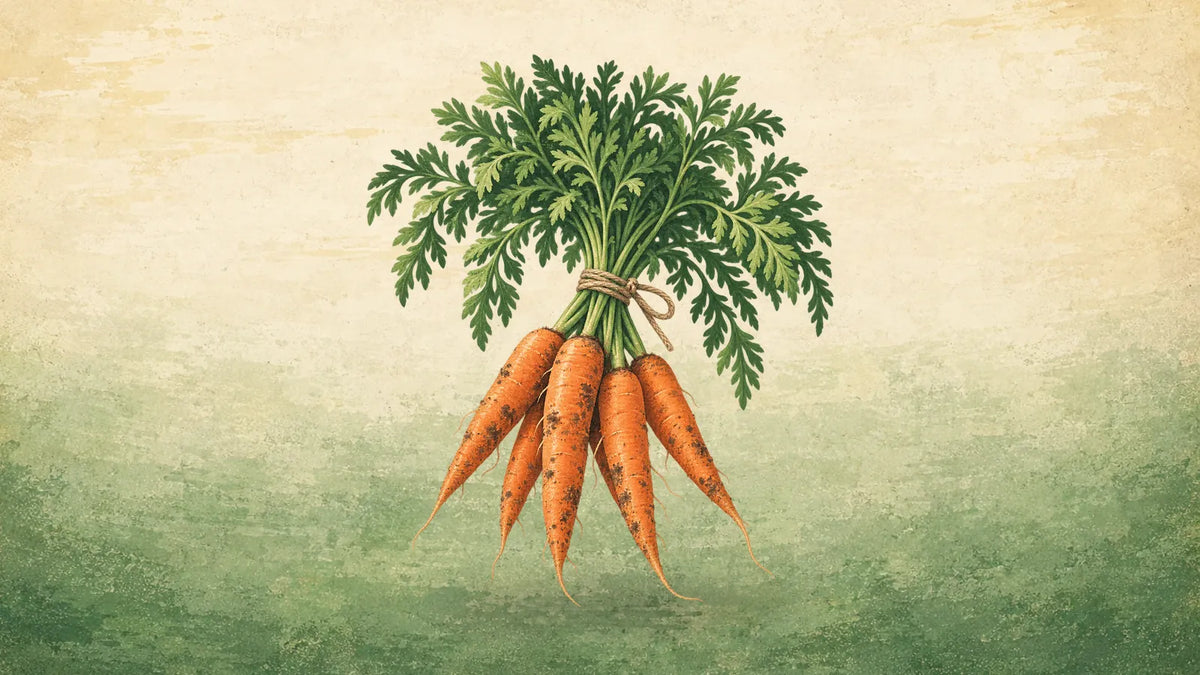 Painted bunch of five slender orange carrots with soil-dusted roots and feathery green tops, tied with twine