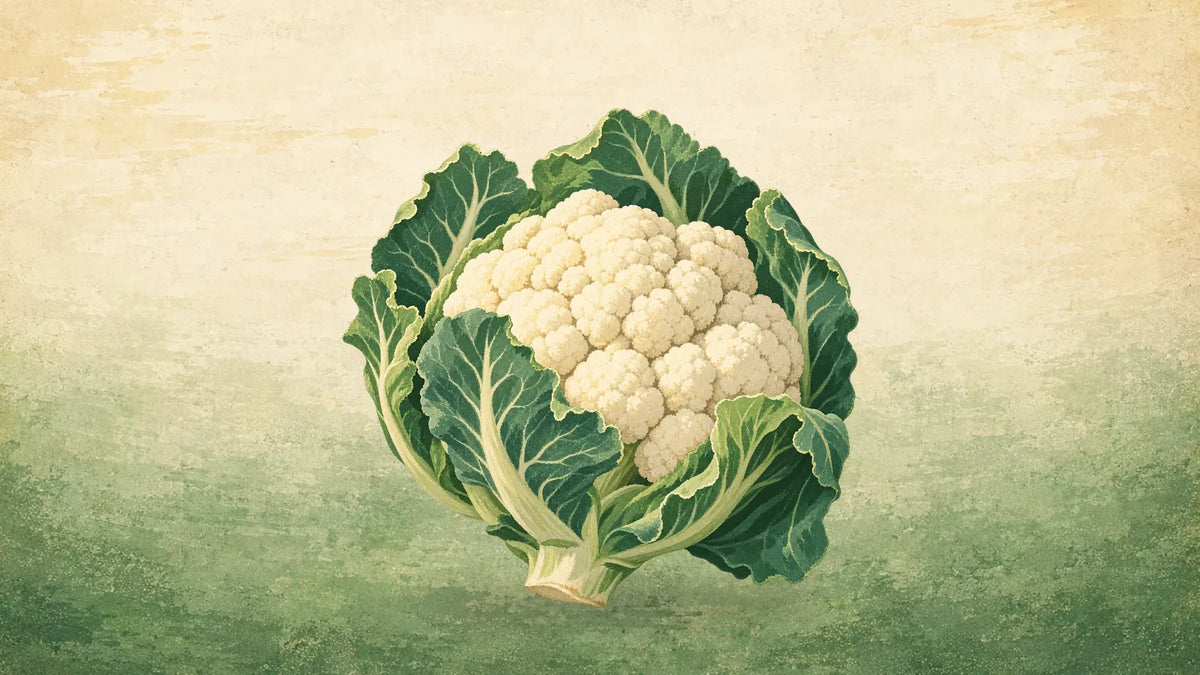 Painted head of cauliflower with a creamy white curd cradled in large blue-green leaves