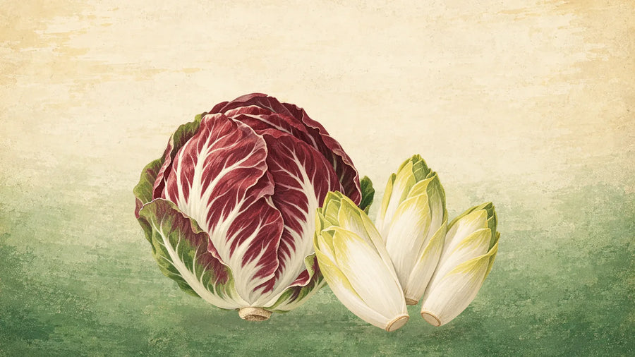 Painted head of radicchio chicory with wine-red leaves and white veins beside three pale heads of Belgian endive