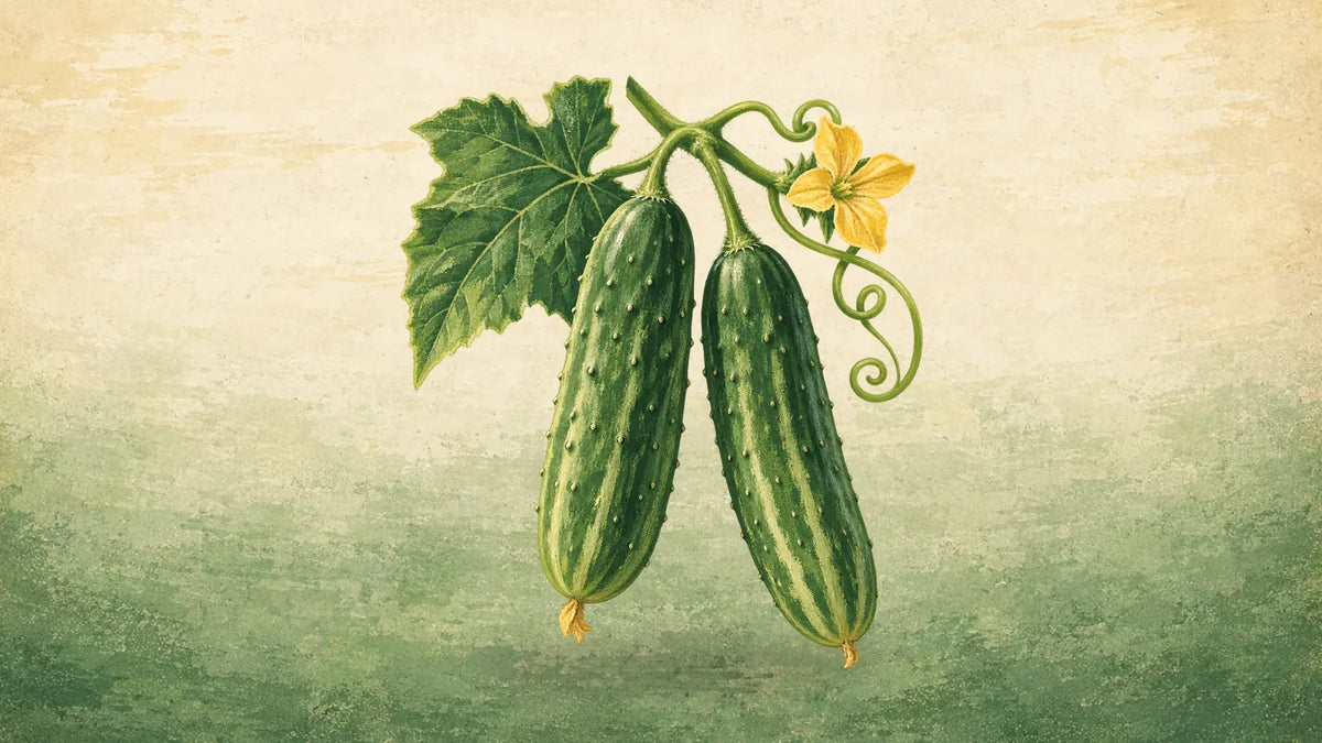 Painted pair of green cucumbers hanging from a vine with a leaf, a curling tendril and a yellow flower