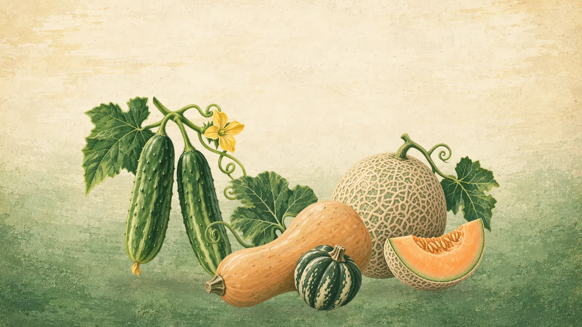 Painted squash family group: two cucumbers on the vine, a butternut and a small striped squash, and a cut cantaloupe