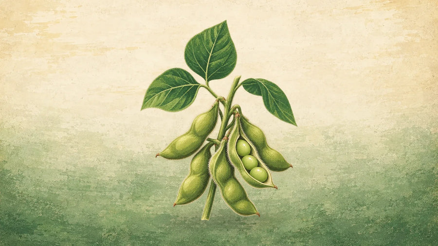 Painted edamame soybean stem with fuzzy green pods, one split open to show the beans, and three leaves
