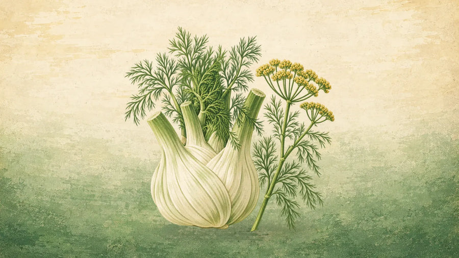 Painted bulb of Florence fennel with feathery fronds beside a stem of herb fennel in yellow flower