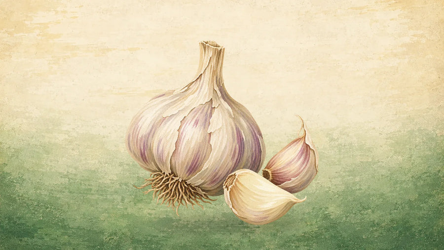 Painted whole garlic bulb with papery white and purple skin, roots at the base, beside two loose cloves