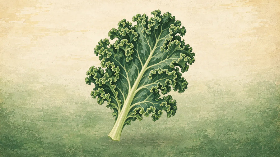Painted single curly kale leaf with deeply ruffled green edges and a pale stem