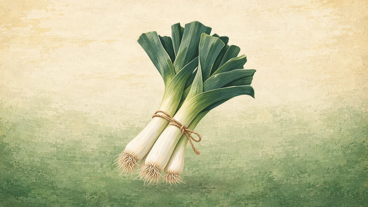 Painted three leeks with long white shafts, flat blue-green leaves and fine roots, tied with twine