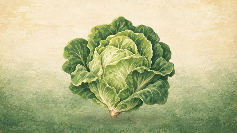Painted head of butterhead lettuce with loose, ruffled pale green leaves around a tight heart