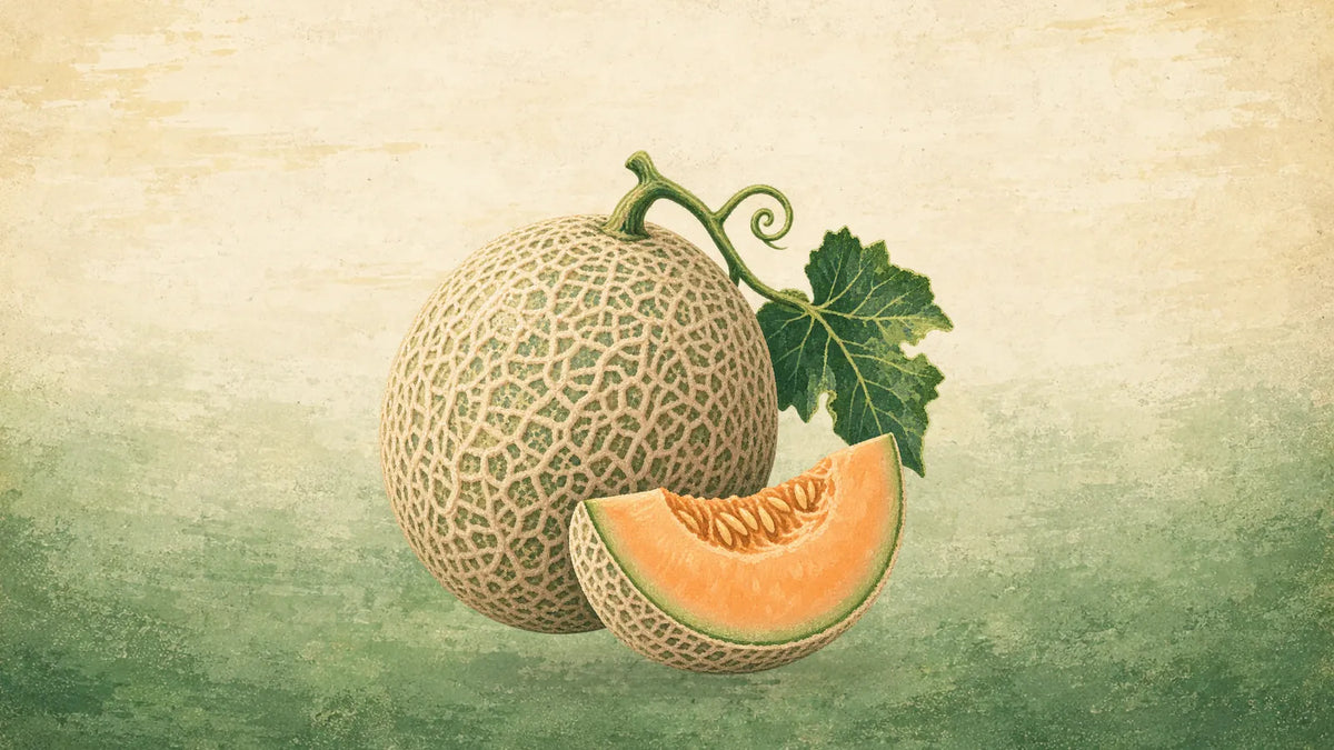 Painted cantaloupe melon with a netted rind and a cut orange wedge, beside a vine leaf and tendril
