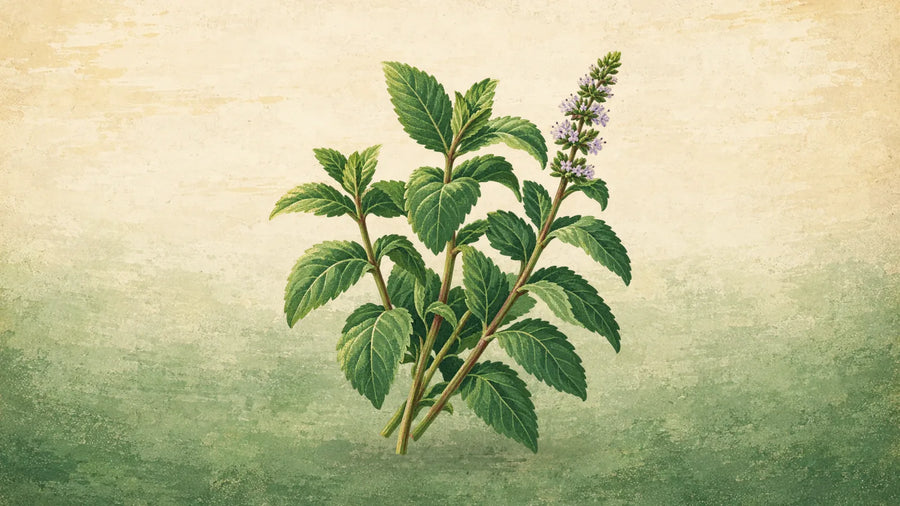 Painted sprigs of spearmint with toothed, deeply veined leaves and a slender spike of pale lilac flowers