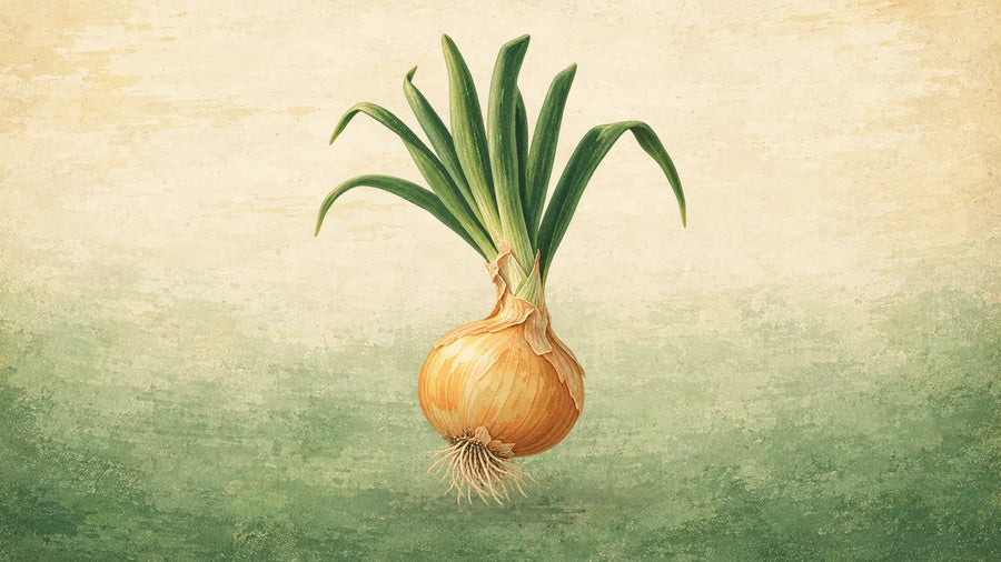 Painted golden onion freshly pulled, with long upright green tops and a tuft of fine roots