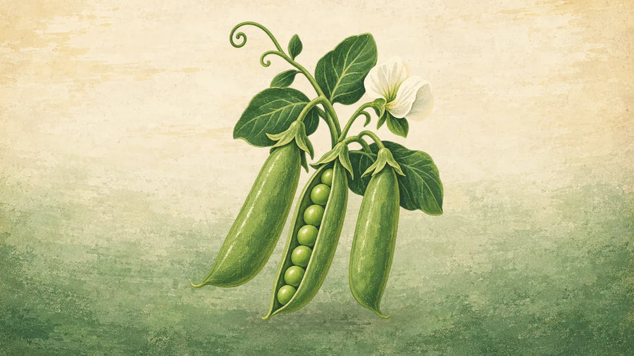 Painted pea vine with plump green pods, one split open to show the peas, a tendril and a white flower