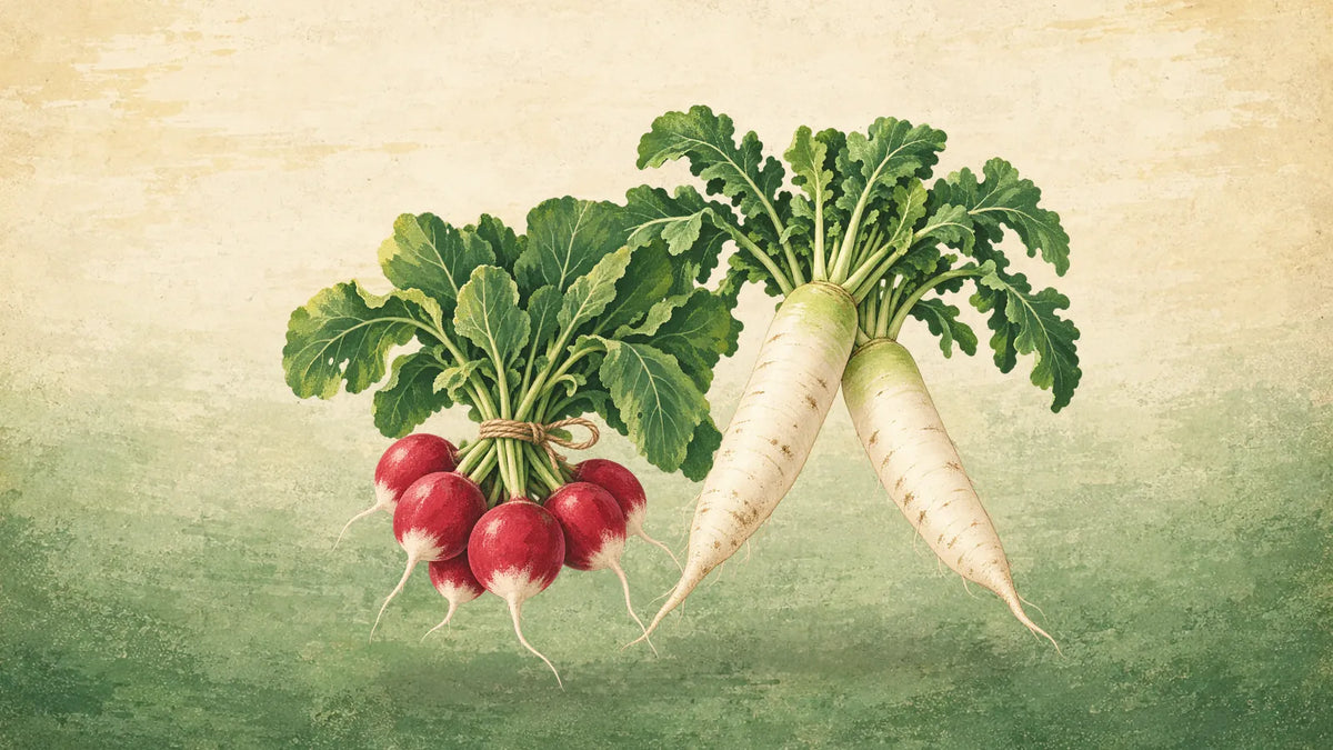 Painted bunch of round red radishes with leafy tops beside two long white daikon winter radishes