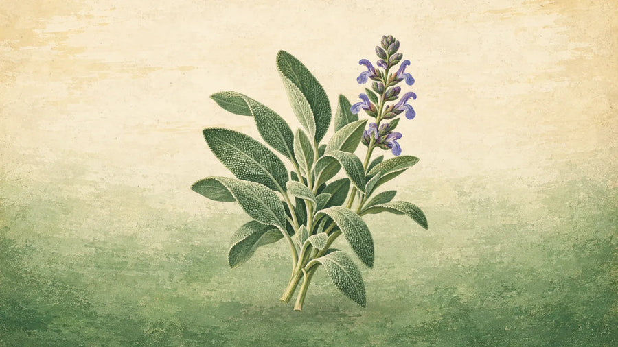 Painted bunch of culinary sage with soft, velvety grey-green leaves and a spike of violet-blue flowers