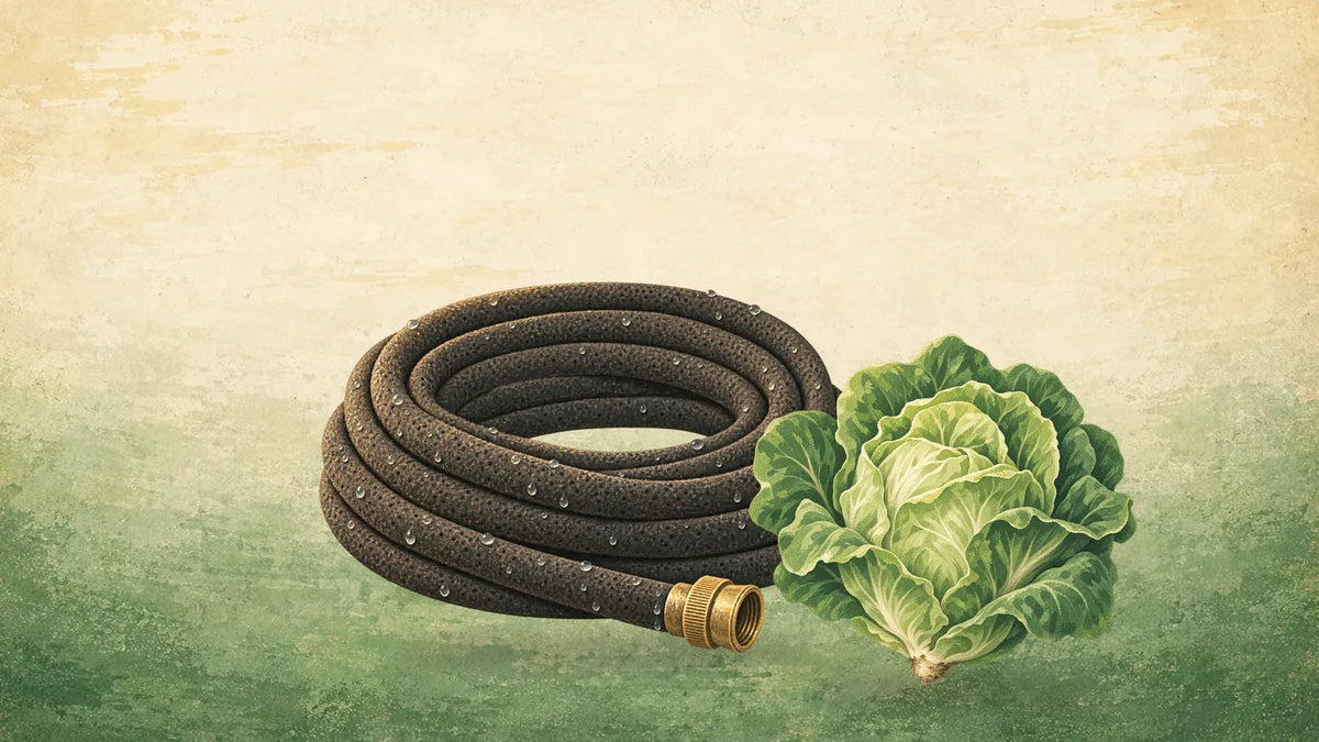 Painted coil of porous soaker hose beside a head of butterhead lettuce