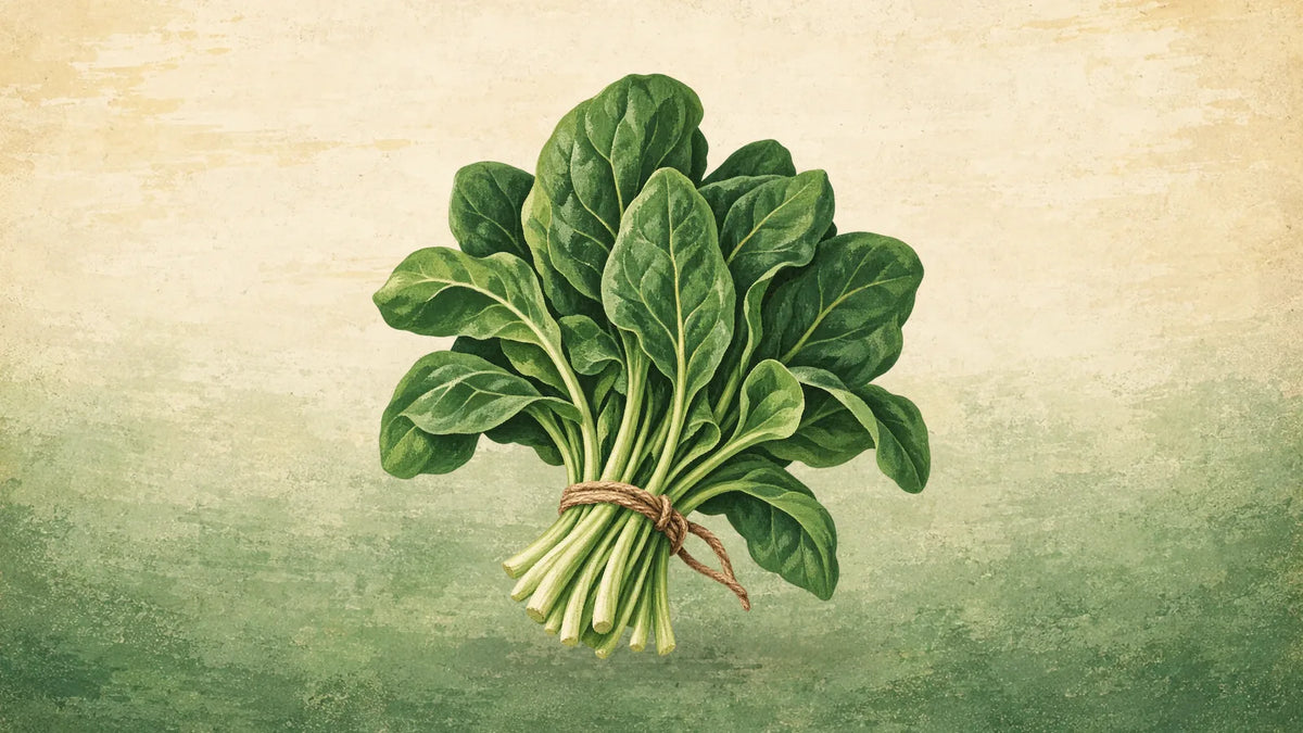 Painted bunch of spinach with broad, crinkled dark green leaves on slender stems, tied with twine