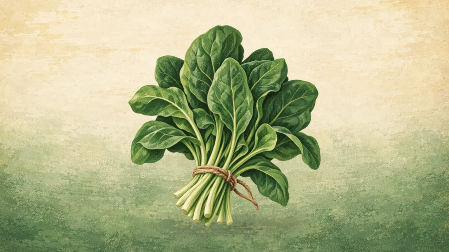 Painted bunch of spinach with broad, crinkled dark green leaves on slender stems, tied with twine