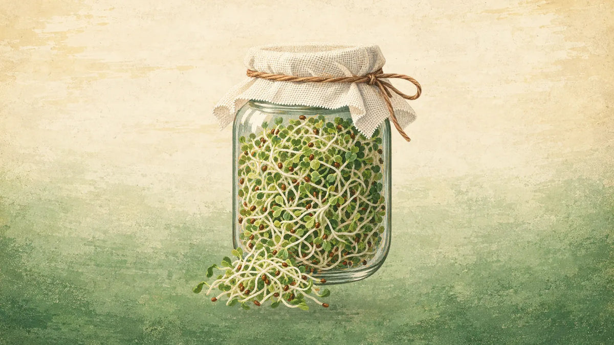 Painted upright glass jar packed with broccoli and alfalfa sprouts under a cheesecloth cover, a tuft of sprouts in front