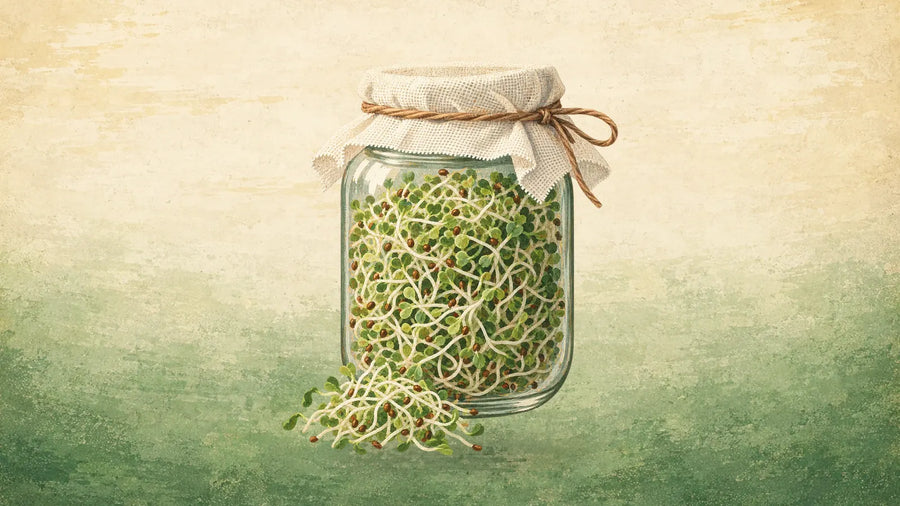 Painted upright glass jar packed with broccoli and alfalfa sprouts under a cheesecloth cover, a tuft of sprouts in front