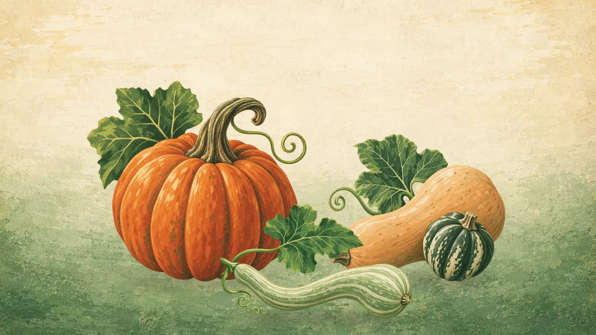Painted orange pumpkin with a curled stem, a butternut and a small striped squash, and a long pale green tromboncino