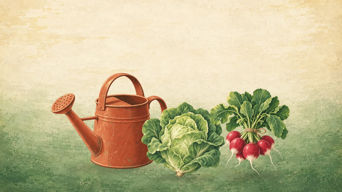 Painted first garden still life: a terracotta watering can, a head of lettuce and a bunch of radishes