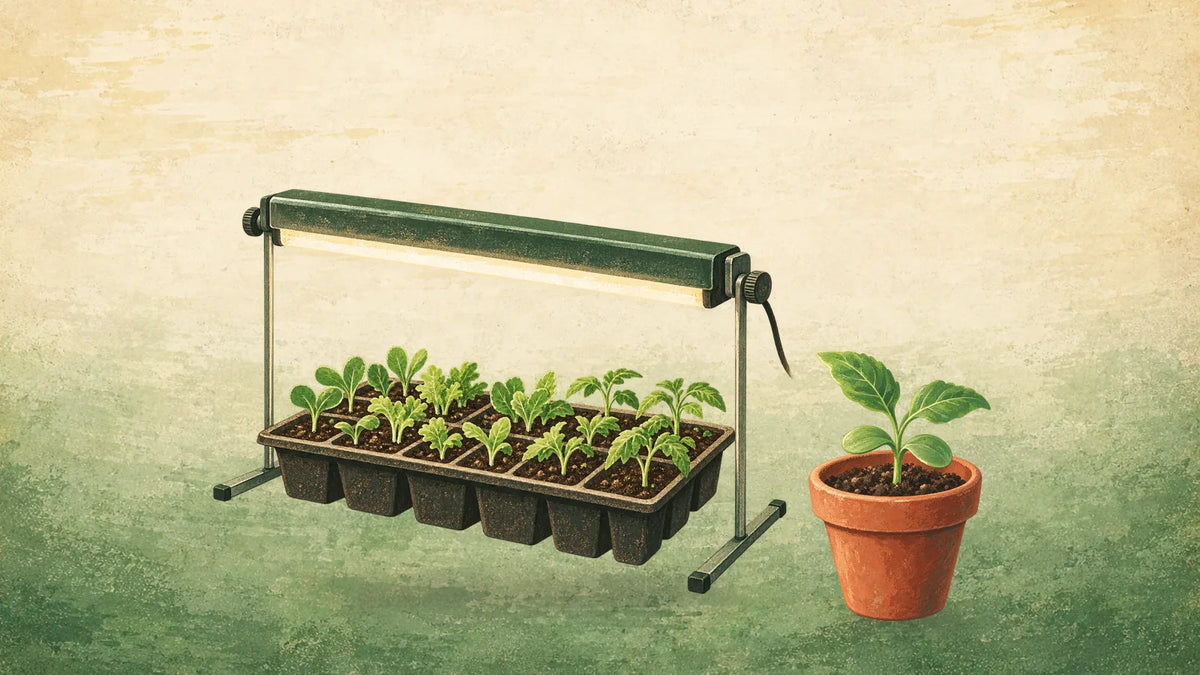 Painted seed tray of young seedlings under a grow light stand beside a seedling potted up in a terracotta pot