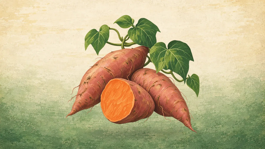 Painted sweet potatoes with rose-copper skin, one cut open to show orange flesh, and a heart-leaf vine