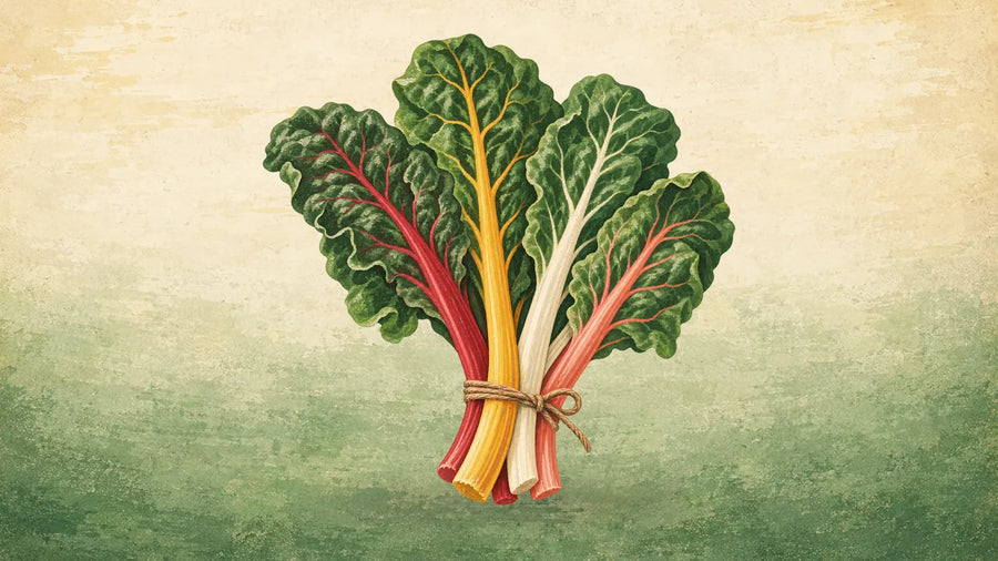 Painted bunch of rainbow Swiss chard with crinkled green leaves on red, gold, cream and coral stalks