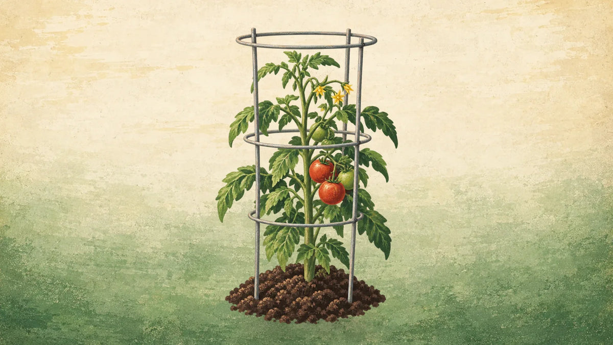 Painted wire tomato cage around a young tomato plant with green and ripening fruit in a mound of soil