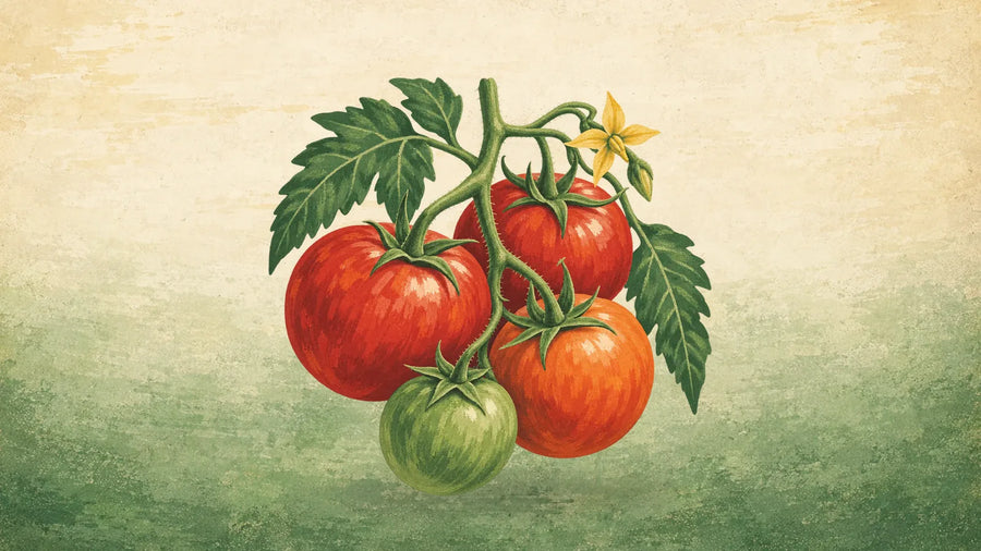 Painted cluster of red, orange and green tomatoes on the vine with serrated leaves and a yellow flower