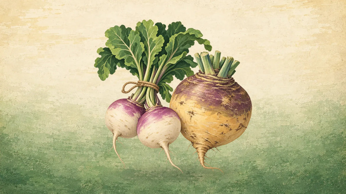 Painted purple-top turnips tied with twine beside a larger yellow and purple rutabaga with trimmed leaf stalks