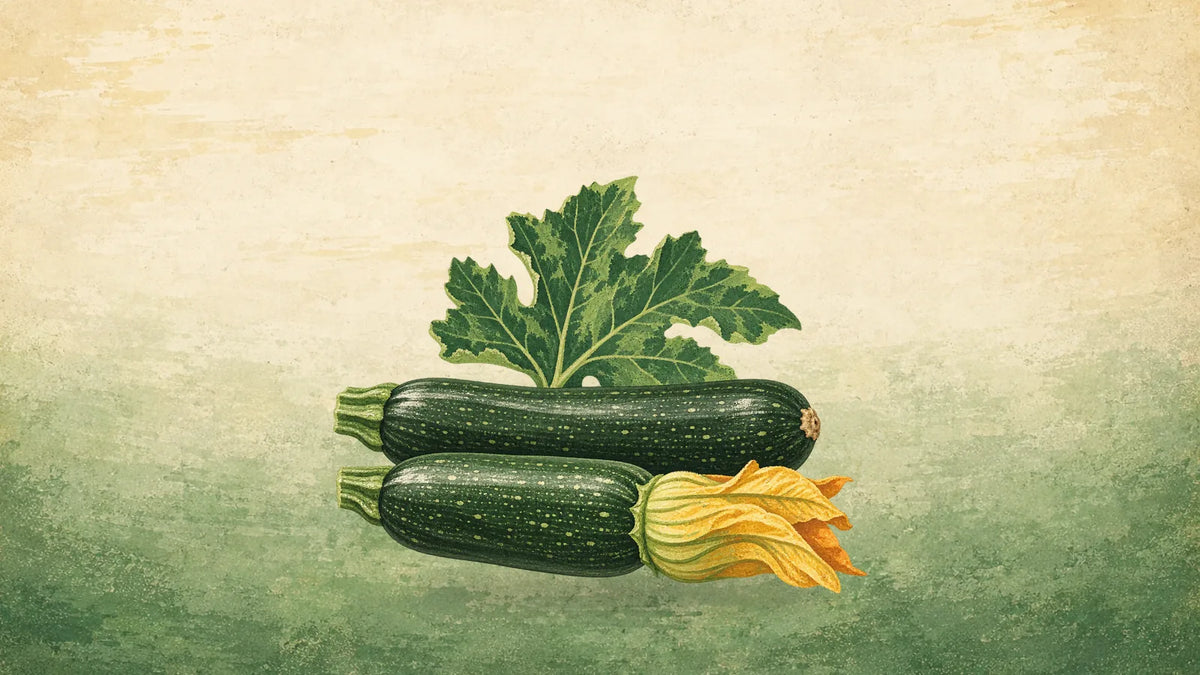 Painted pair of dark green zucchini lying side by side, one with its yellow squash blossom, a broad leaf behind
