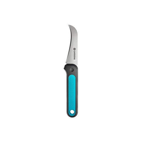 Gardena VeggieCut harvest knife with a curved stainless blade and a teal handle