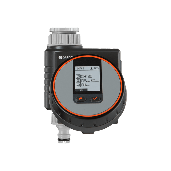 Gardena Balcony Water Timer with an LCD screen and an orange ring