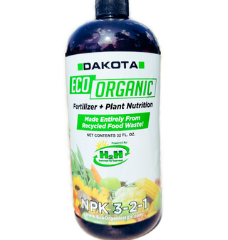 Dakota Eco 3-2-1 liquid fertilizer, 32 fluid ounce bottle, on white