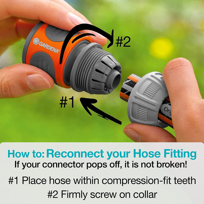 How-to card showing how to refit the Gardena hose connector in two steps
