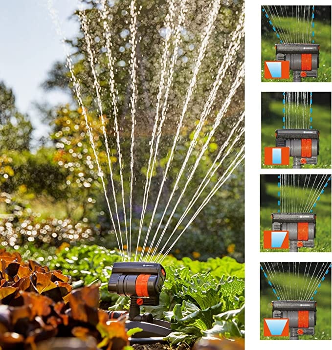 Gardena AquaZoom sprinkler spraying fans of water over a vegetable bed, with panels of spray widths