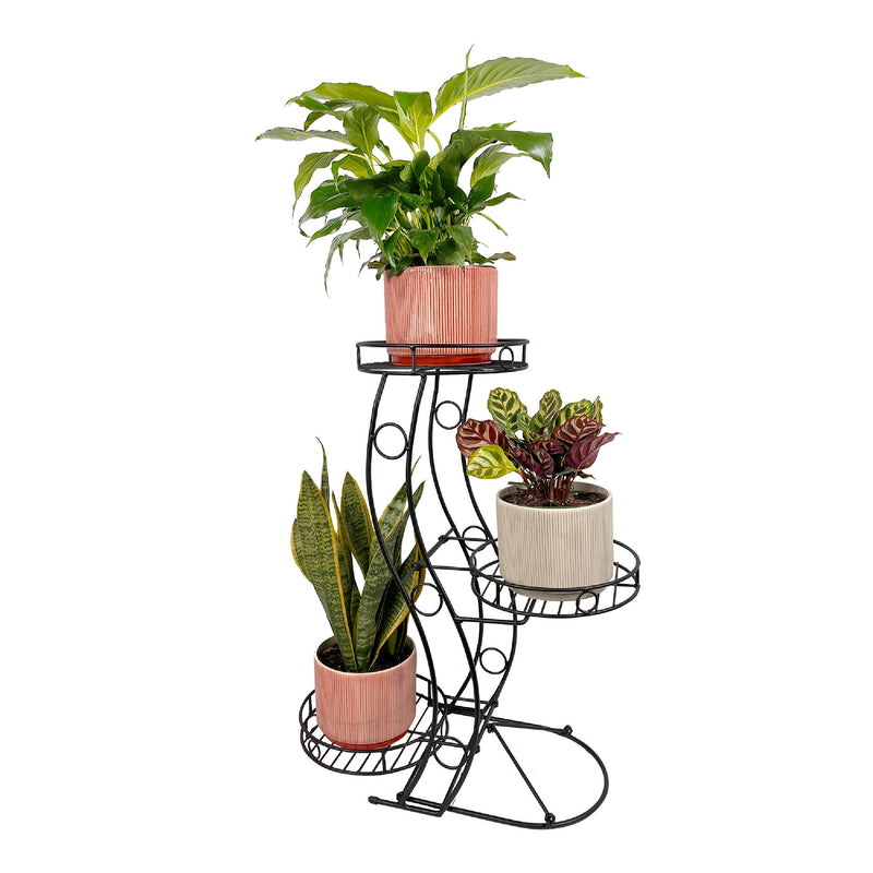 Cocoyard folding plant stand with a potted plant on each of its three round trays