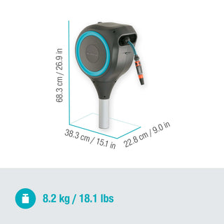 Gardena RollUp S dimensions of 26.9 by 15.1 by 9.0 inches and an 18.1 pound weight label