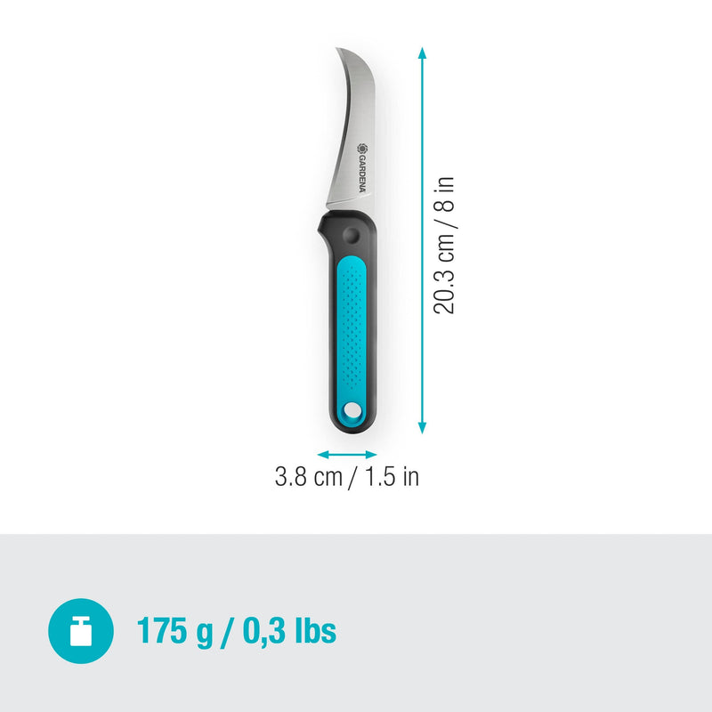 Gardena VeggieCut knife with marked dimensions of 8 by 1.5 inches and a 175 gram weight label